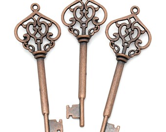 LARGE - 1 pc. Copper Filigree Keys Charms Pendants - 70mm X 22mm (2 6/8"x 7/8")