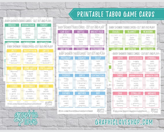 Printable Baby Shower Taboo Game 54 Cards All Ages Gender