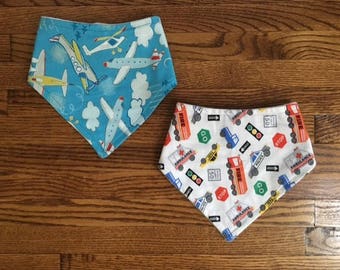 Baby Boy Bandana Bib Set of 2, Airplanes, Fire Truck, Police Car Print Bibdanas~Size 0-12 months