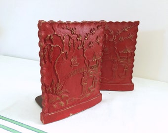 Red Syroco Chinoiserie Bookends