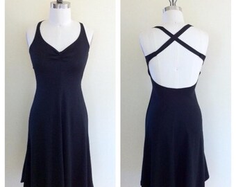 Vintage 1970s Black Disco Young Edwardian By Arpeja Cross Back Skater Halter Dress Size Small