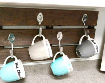 Rustic, Pallet Style, Coffee Mug Holder, Coffee Cup Holder, Coat & Stocking Hanger - Customizable Sizes. Non-Toxic Finish
