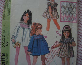 vintage 1970s McCalls sewing pattern 2447 babies smocked dress with transfer size 1 year