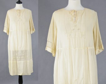 Vintage 1920s Cotton Dress, 20s Dress, Sheer 1920s Day Dress, M - L