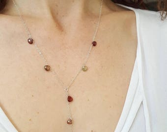 Garnet Necklace, Multi Garnet Y Necklace, Gemstone Lariat Necklace, Silver Y Necklace, Sterling Silver