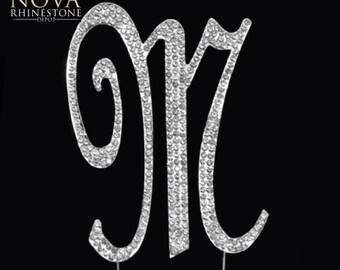 Small Crystal Rhinestone Silver Letter "M" Monogram Wedding Anniversary Cake Topper