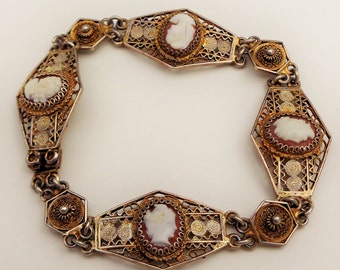 Antique Cameo Bracelet, Solid 800 Silver, Filigree Bracelet, Four Hand Carved Conch Shell Cameos, Gold Wash