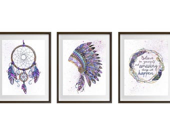 Tribal Zentangle Set (3) Watercolour prints - dreamcatcher, headdress, inspirational quote in wreath - choice of 2. Nursery prints, wall art