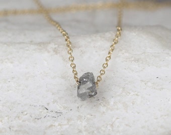 Floating Diamond Necklace - 14K Yellow Gold Raw Diamond Jewellery - Minimalist Jewellery - 14K Yellow Gold Uncut Diamond Necklace