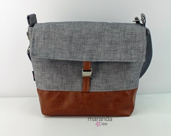 Lulu Medium Flap Messenger Satchel - Gray Linen and PU Leather READY to SHIP Travel Business Nappy Bag Stroller Attachment