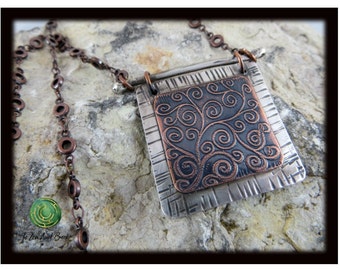 Mixed Metal Necklace Etched Copper Pendant Necklace Everyday Necklace Adjustable Necklace