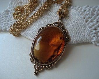 SALE Vintage Faceted Topaz Glass Gold Pendant Necklace Victorian Inspired