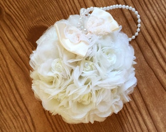 Flower Ball, Ivory Rose, Kissing Ball, 5" ,Pomander, Choose Bow Color, Flower Girl, Bouquet, Bridesmaid Bouquet, Free Hair Pin, Wedding