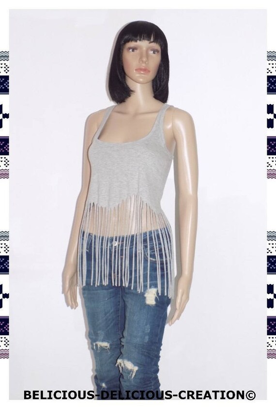 Original Top woman! FRINGED! cotton, grey T M 65cm long Belicious Delicious Creation