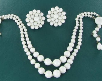 Vintage Milk Glass Necklace Earring Demi - Marked Japan Mid Century jewelry