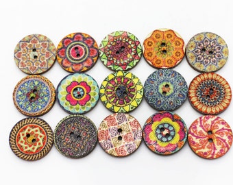 BOHO Wooden Button, Bohemian Pattern Wood Buttons Aztec Pattern, BOHO Chic Buttons, Tribal Button, Floral Button, Boho Patterns Buttons