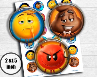 Emoji the movie Digital Collage Sheet 2" 1.5" circle clipart Printable Image Download for favor magnets cupcake toppers