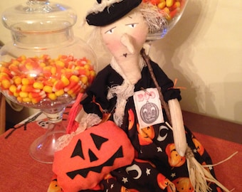 Primitive Halloween Witch Doll with Pumpkin and Broom, Handmade Halloween Witch Doll