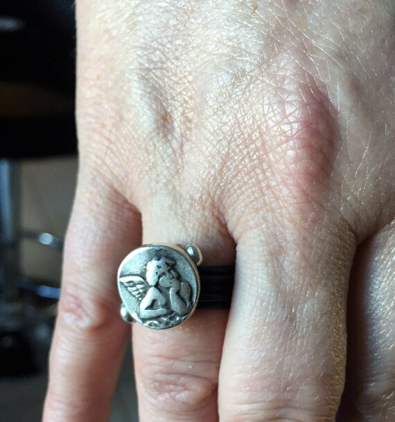 Leather Ring, silver Ring, Angel Ring, Angel Leather Ring, Womens Leather Ring, zamak Leather Ring, Hippie Ring, Boho Ring
