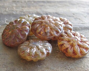 Champagne Mix Dahlia Czech Glass Picasso 14mm Flower Beads : 6 pc Champagne Dahlia Flower
