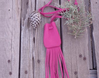 Pink leather necklace bag , Fringed leather medicine bag , Leather crystal bag , Pink amulet bag