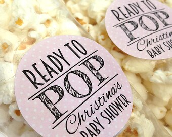 Ready to pop stickers, she's about to pop, baby shower stickers, baby shower favour, popcorn favour stickers, 121 - Pink