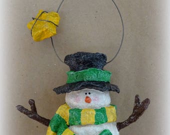 Handmade Snowman Ornament Green and Yellow, Snowman Decor, Christmas Decoration, Snowman Sculpture