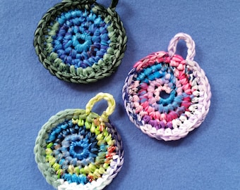 Three Multicolored Plarn Dish Scrubbies, recycled plastic bags, upcycled dish scrubby pot scrubbers