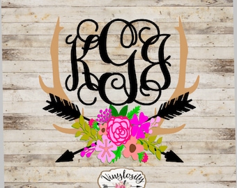 Floral Antler Decal | Antler Monogram Car Decal | Antler Yeti Decal | Car Decal | Yeti Decal | Vinyl Decal | Floral Decal | Arrow Decal