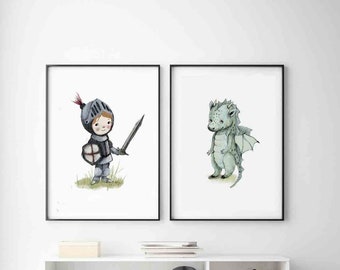 Knight print, Dragon print, boys room decor, Nursery Decor, Kids room decor, baby shower boy, boys room wall art, boy baby shower