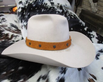 Leather Hatband, Natural Leather, Roughout Leather Hatband with Black Chrome Dome Spots and Adjustable Lace Tie,SASS Hat Band