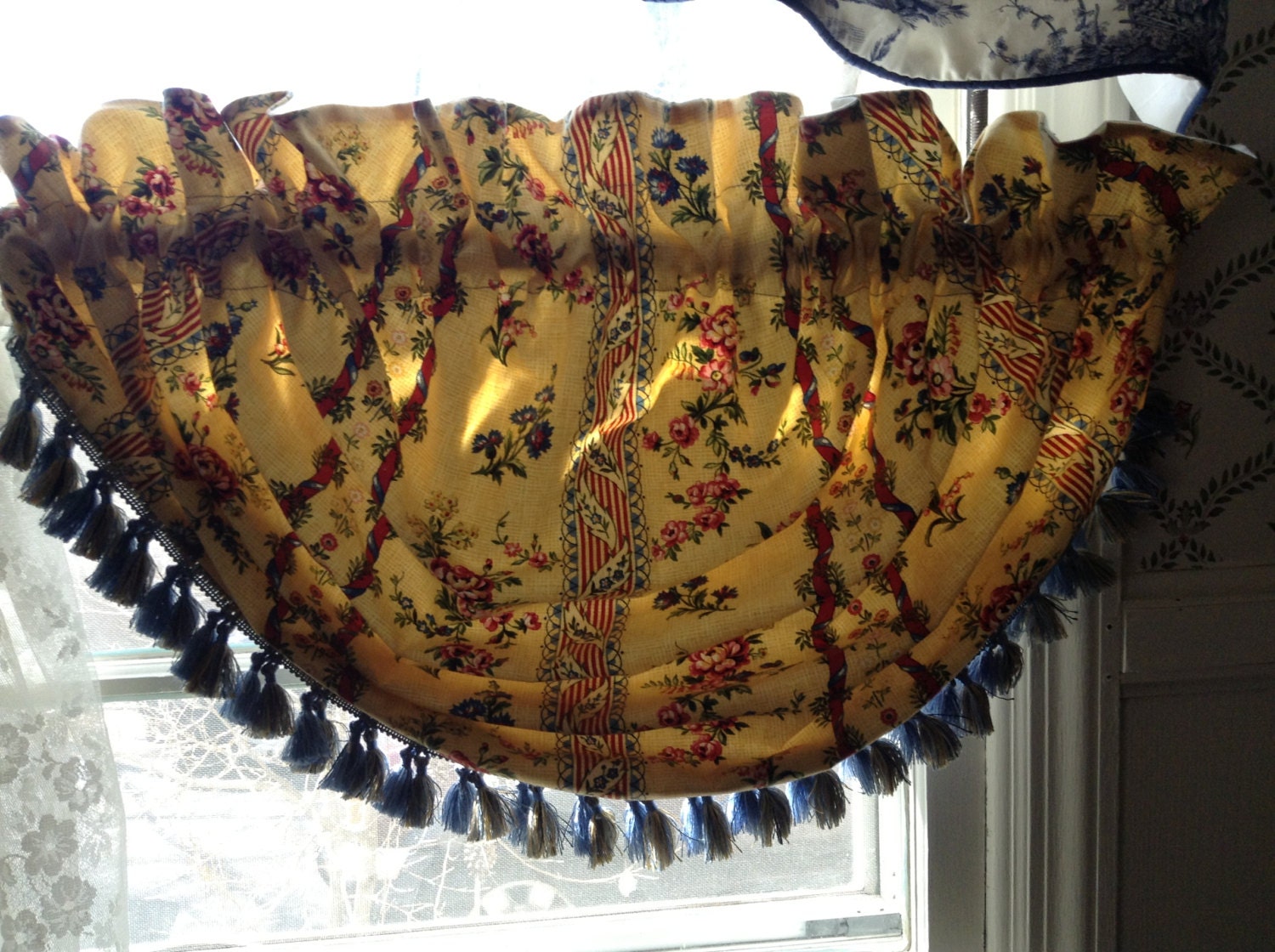 French Country custom floral stripe rod pocket swag with