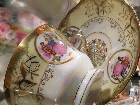 Royal Sealy / Porcelain Tea Cup Saucer Set / Courting Couple / Lusterware