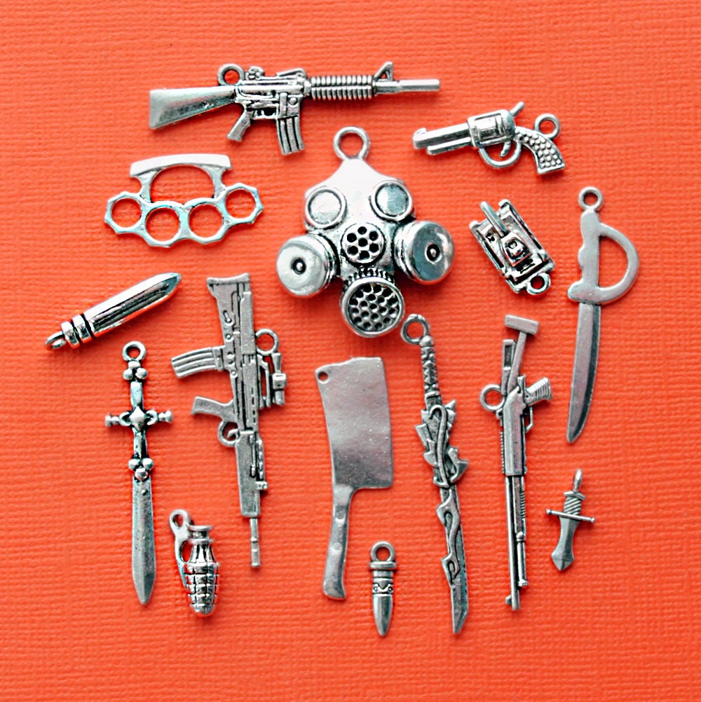 Weapons Charm Collection Antique Silver Tone 15 Charms