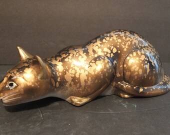 Vintage Brass Black and Gold Crouching Cat Figurine