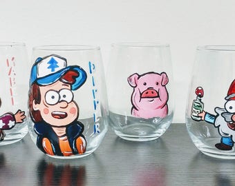 GRAVITY FALLS set of 4 (four) WINE glasses cartoon mabel dipper waddles and gnome
