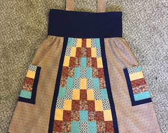 Handmade Patchwork Turquoise Brown Blue Corduroy Apron Dress • Small Medium • Pockets • Hippie Hippy • Grateful Dead • Phish • Retro Vintage