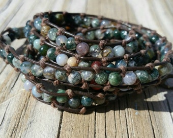 Green Jasper Bead Leather Wrap Bracelet