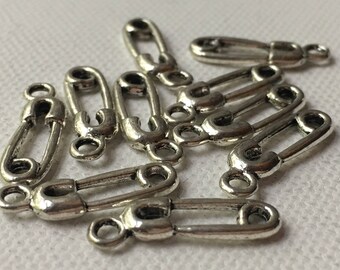 Set of 10 Silver Safety Pin Charm Pendants