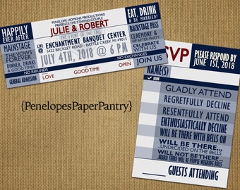 4th of July Concert TIcket Wedding Invitations,Patriotic,Red White &Blue,Music Theme,Unique, Fun,Opt RSVP Card,Customizable With Envelopes