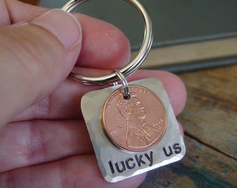 Lucky Us Penny Keychain, Hand Stamped, Copper Gift, 7th Anniversary Gift, Husband Anniversary, Wife Anniversary, Anniversary Gifts for Men