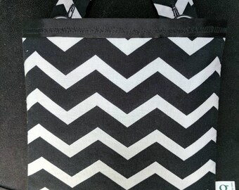 Car garbage bag, car trash bag, car litter bag, car trash, car catch-all bag, earth-friendly bag, green garbage bag. Black & white chevrons.