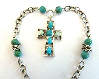 DESIGNER TURQUOISE Cross Necklace, Silver Openwork Beaded Vintage Cross Necklace, Cross with Chunky Neck Chain, Statement Cross Necklace