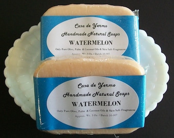 Watermelon Scented 2 Guest Bar Pack. Made with Pure Olive, Palm and Coconut Oils and Skin Safe Fragrances. (Use Coupon Code CDY18)