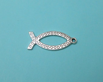 8 Christian Fish Charms Antique Tibetan Silver Tone 2-Sided ichthys Jesus fish (H8020)