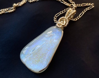 White Opal Dichroic Glass Wire Wrap Pendant Silver Filled/Sterling Silver On Silver Fill Necklace