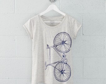 Women's Large Fixie Bike Tee, Navy on Eco-Wheat