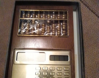 Vintage Solid Wood and Brass Abacus with Built in Solar Calculator Never Used In Original Box with Manual