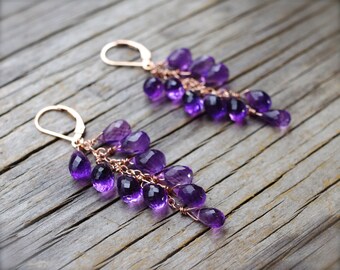 Amethyst earrings. Rose gold amethyst cluster briolette earrings. Purple amethyst cascade gemstone earrings in pink gold - made to order
