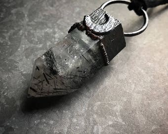 Tourmalated Quartz Necklace | Crescent Moon Necklace